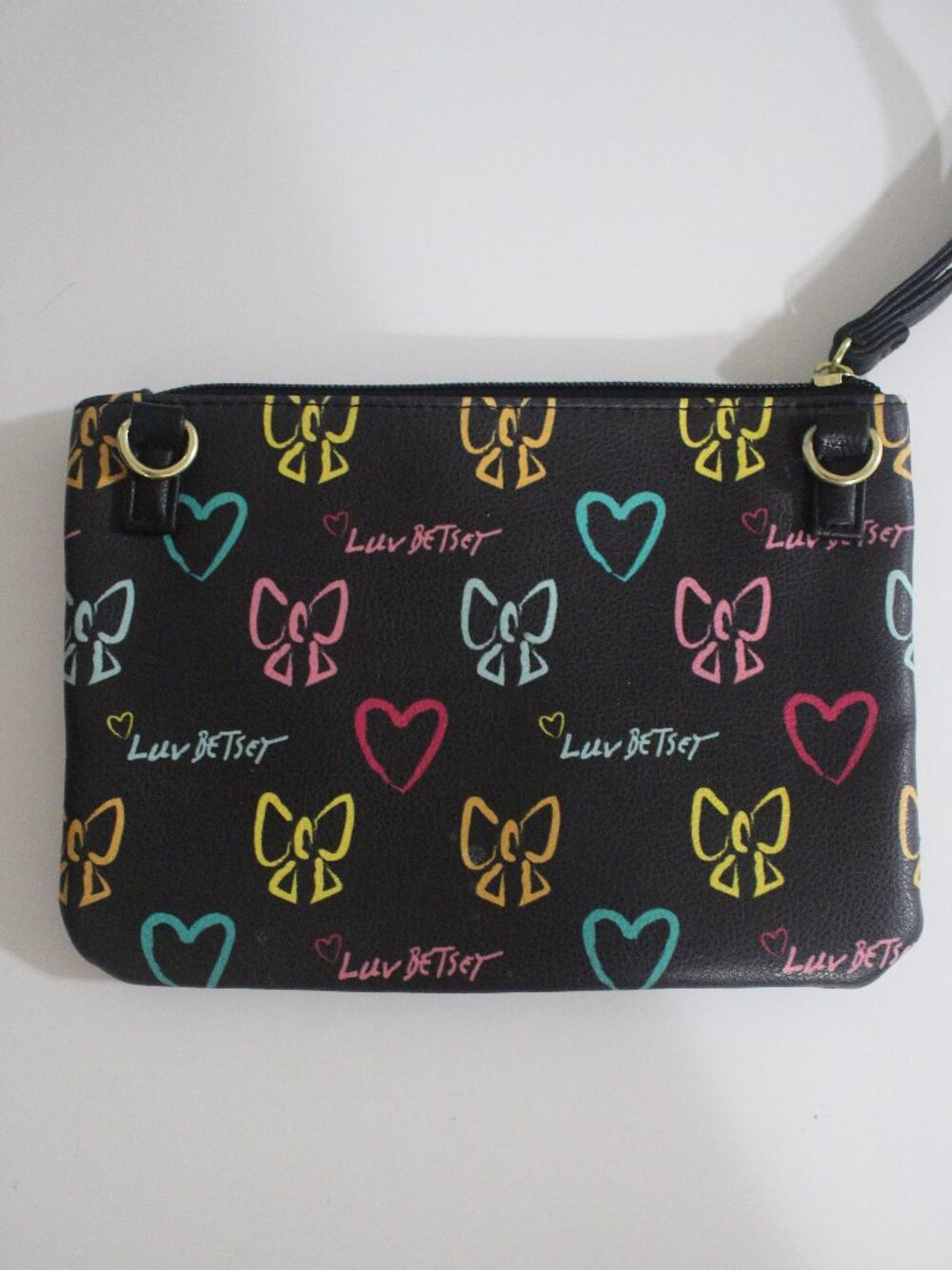 Luv Betsey Black Colorful Heart & Bow Zip Pouch